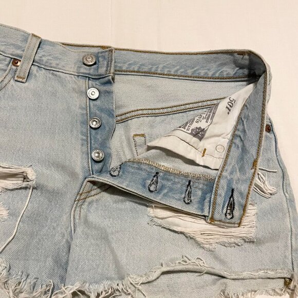 Levis 501 Shorts Womens Size 27 Denim Button Fly Cut Off Distressed - Picture 3 of 16